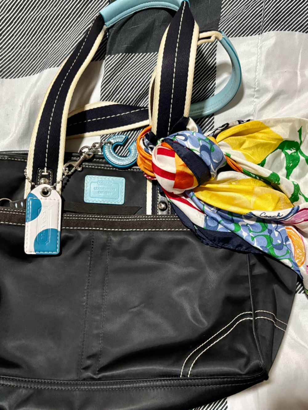 Coach Black Tote with Light Blue Accents and Multicolor Scarf